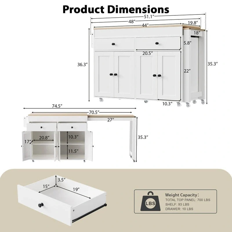 Îlot de cuisine Abner avec table à manger extensible