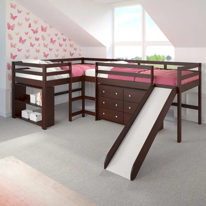 Ensemble de chambre mezzanine en L Double Twin avec toboggan, finition cappuccino foncé