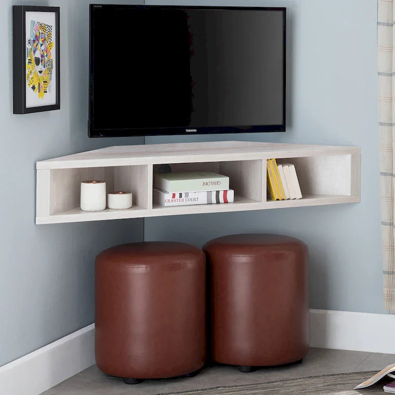 Meuble TV d'angle flottant de 119 cm, 3 étagères, style transitionnel, fixation murale gain de place