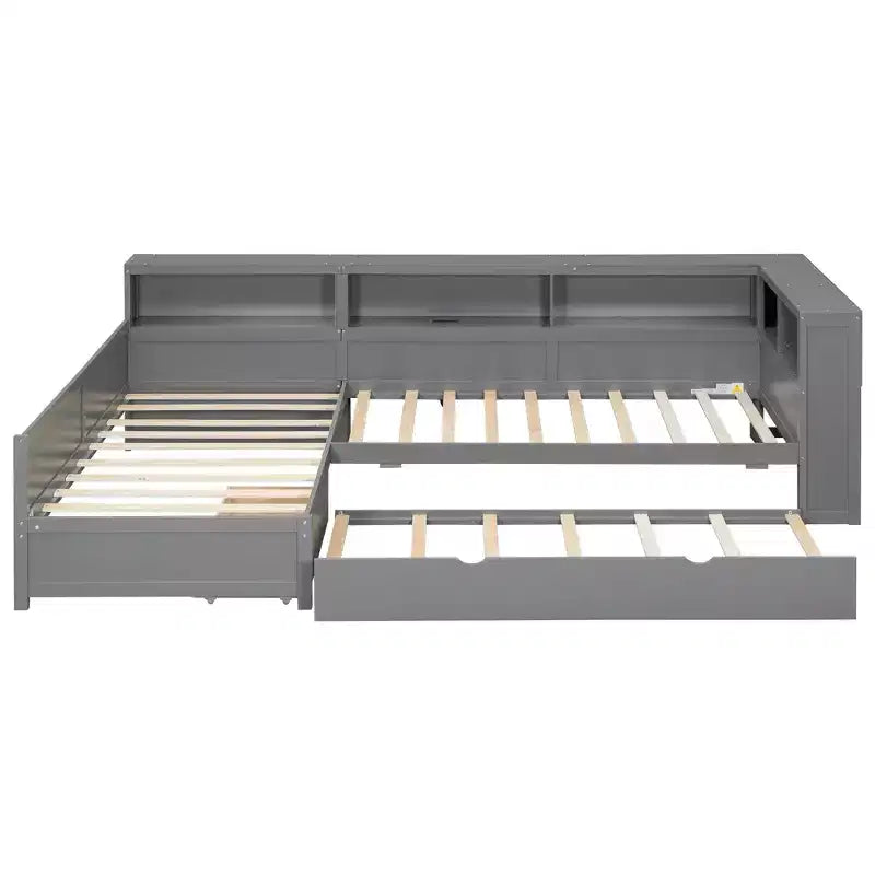 Lit plateforme en L de taille double avec lit gigogne et station de recharge, cadre de lit en bois avec étagère