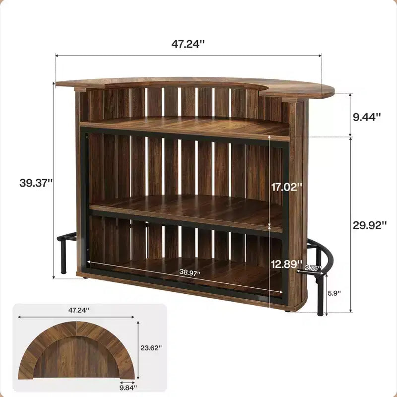 Mini-bar de rangement 4 niveaux en forme d'arc, table de bar à la maison rustique moderne avec repose-pieds et construction en MDF