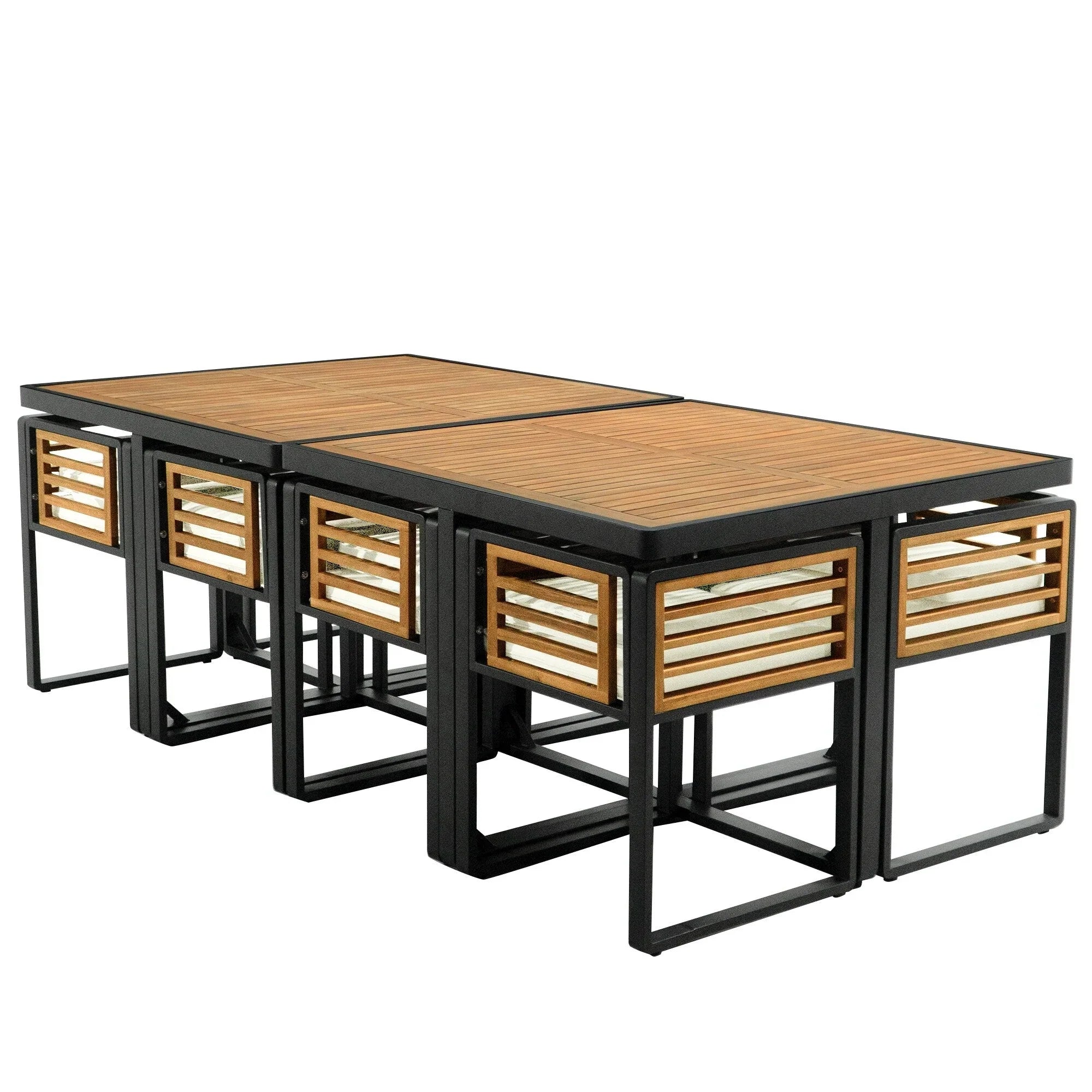 Ensemble de salle à manger d'extérieur 18 pièces en bois d'acacia, 8 chaises rembourrées, 8 poufs et 2 tables carrées