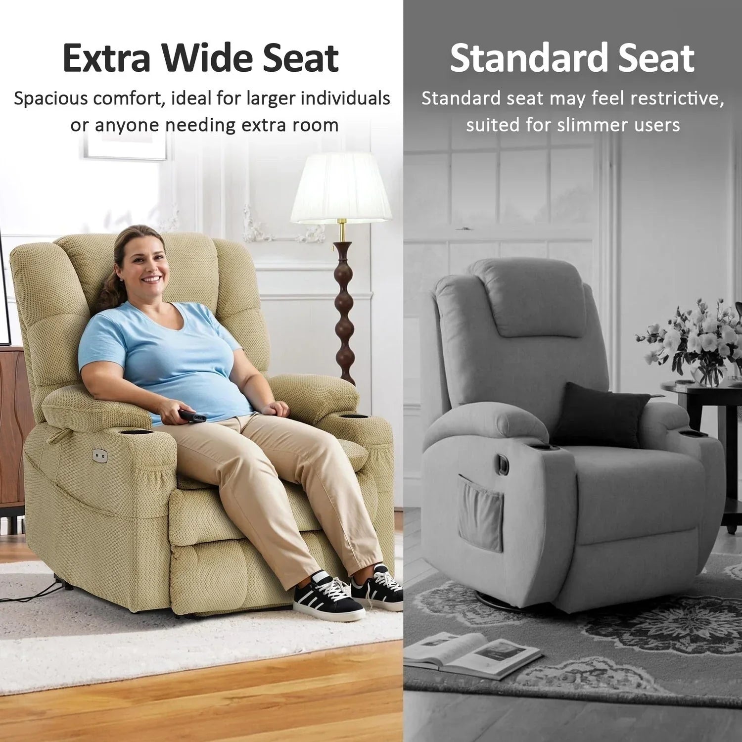 Fauteuil inclinable électrique double moteur grand et large MCombo avec massage et double chauffage pour personnes âgées de grande taille, tissu R7635
