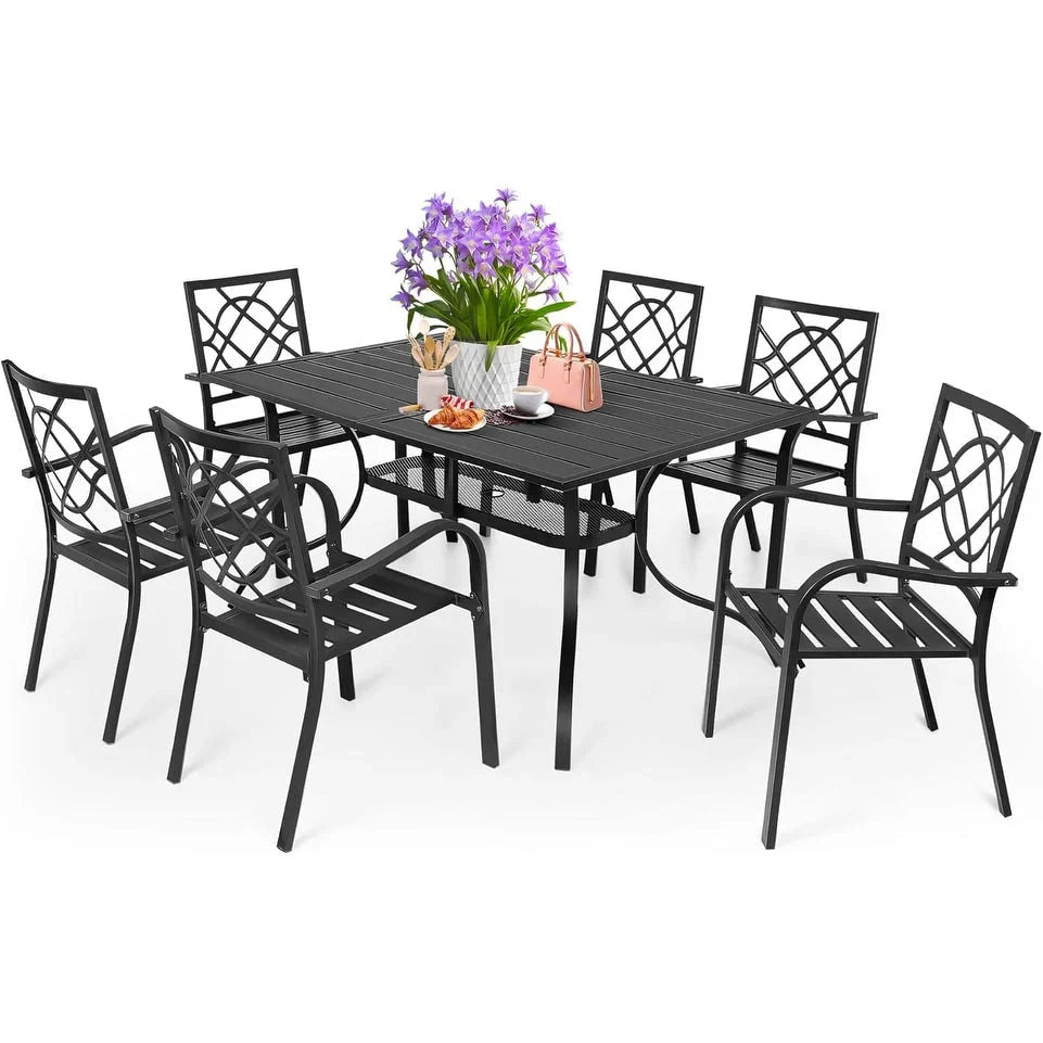 SUNCROWN Salon de jardin 5/7 pièces en acier avec table à lattes métalliques et chaises empilables Structure thermolaquée