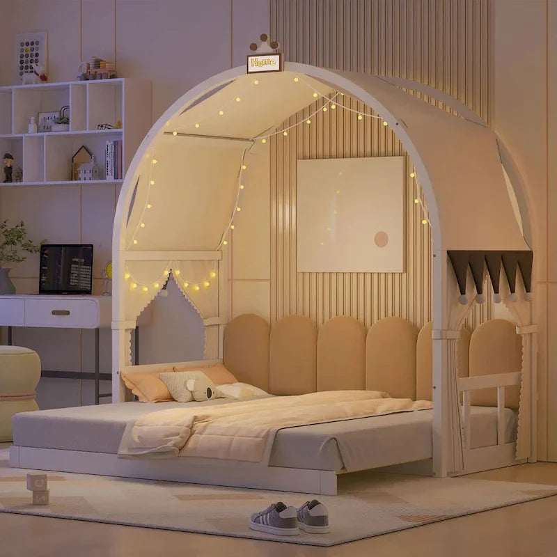 Lit cabane Montessori en bois massif avec plateforme, toit voûté et lit gigogne pour filles et garçons