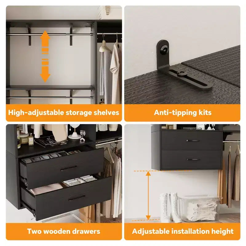 Armoire-dressing autoportante Besiost avec 8 tringles et tiroirs, organisateur de placard suspendu avec 10 étagères