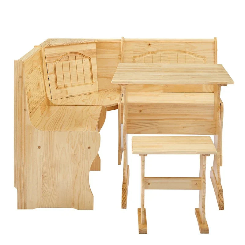 MUSEHOMEINC Ensemble de table de salle à manger 3 pièces en bois massif de style traditionnel avec banquette latérale, ensemble de table de coin repas avec rangement caché