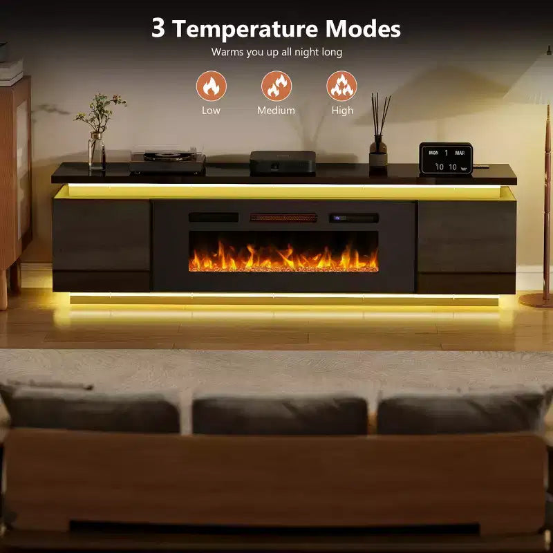 Meuble TV Skyzoo avec foyer électrique intégré, pour téléviseurs jusqu'à 80 pouces, avec lumières LED et 4 prises CA, console TV pour salon