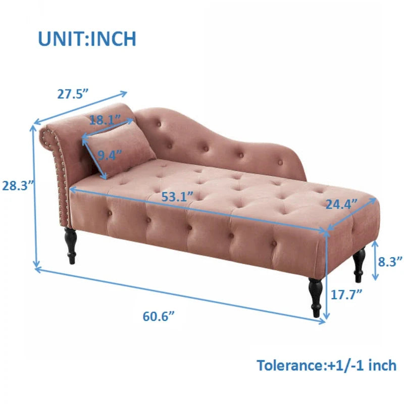 Chaise longue moderne de 154 cm avec revêtement en velours, boutons capitonnés, pieds en bois massif et clous de tapissier