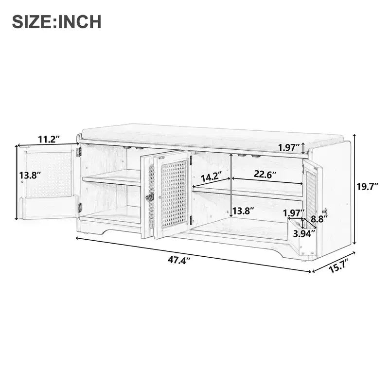 Banc de rangement rustique en bois Whisen, banc à chaussures d'entrée avec coussin amovible, étagères réglables