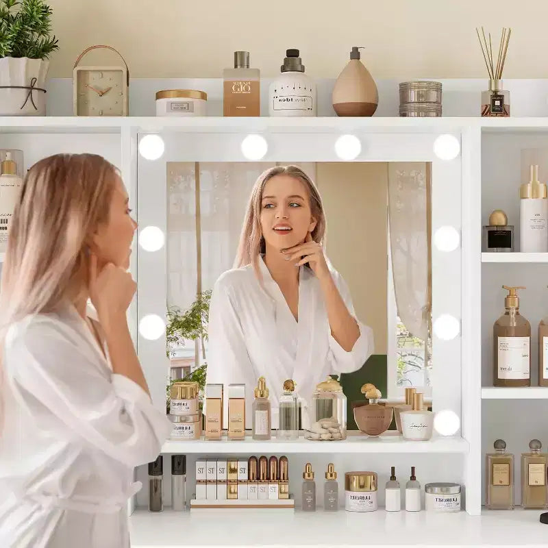 BALHAM TRADE-Coiffeuse avec miroir et lumières 9 tiroirs 6 étagères 3 modes d'éclairage Luminosité réglable