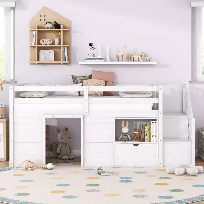 Lit mezzanine jumeau Okak en bois massif avec escalier et rangement, lits superposés jumeaux à profil bas avec tiroirs et étagères, lits mezzanine multifonctionnels pour enfants et adolescents
