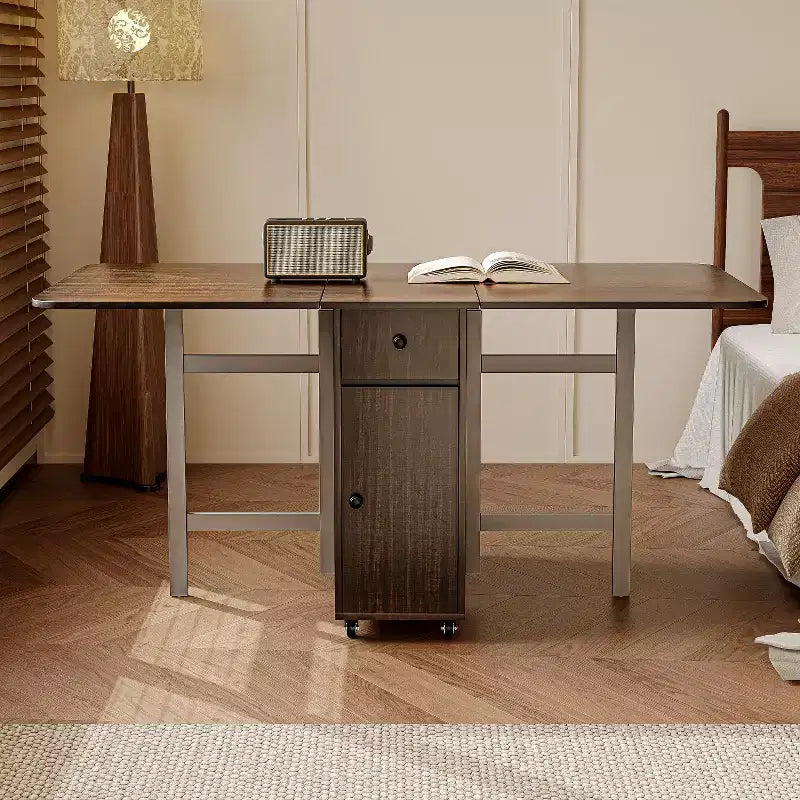 Table à manger pliante ATJafurn 59'' avec abattants pour petits espaces, table de cuisine rectangulaire en bois extensible avec roulettes et rangement
