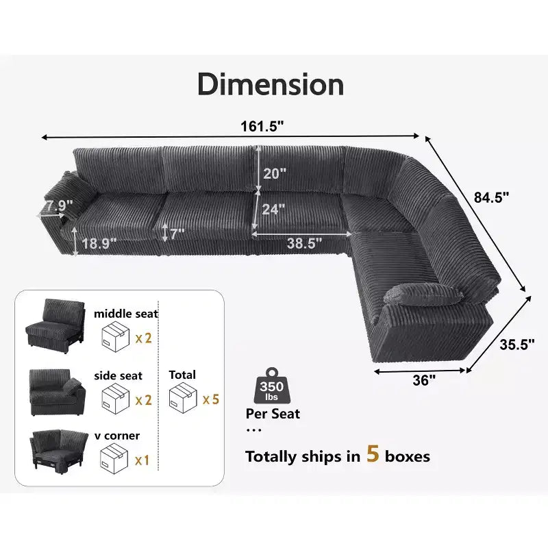 Canapé d'angle modulaire en velours côtelé Dyonery avec housses lavables