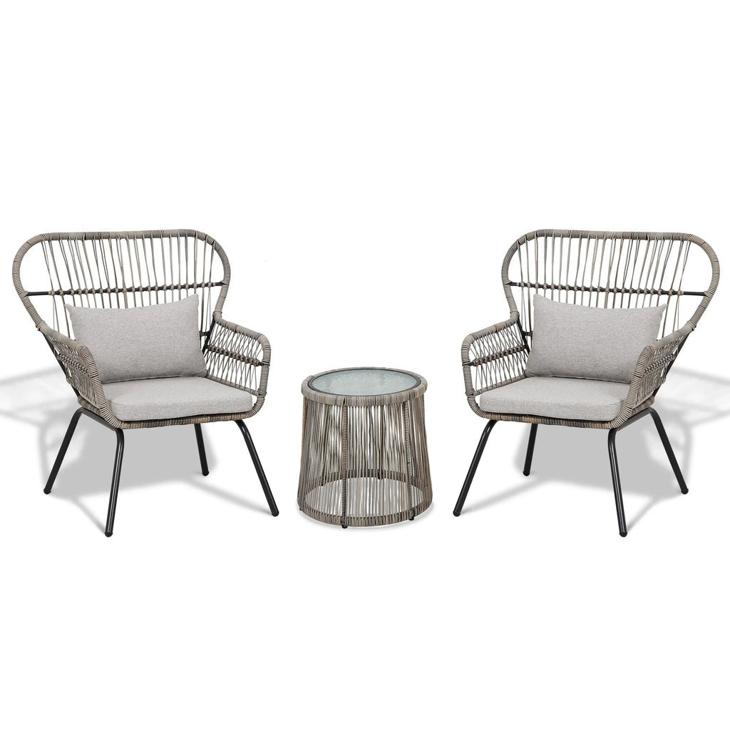 Ensemble bistrot 3 pièces en osier pour conversation, salon de jardin en rotin résistant aux intempéries avec coussins