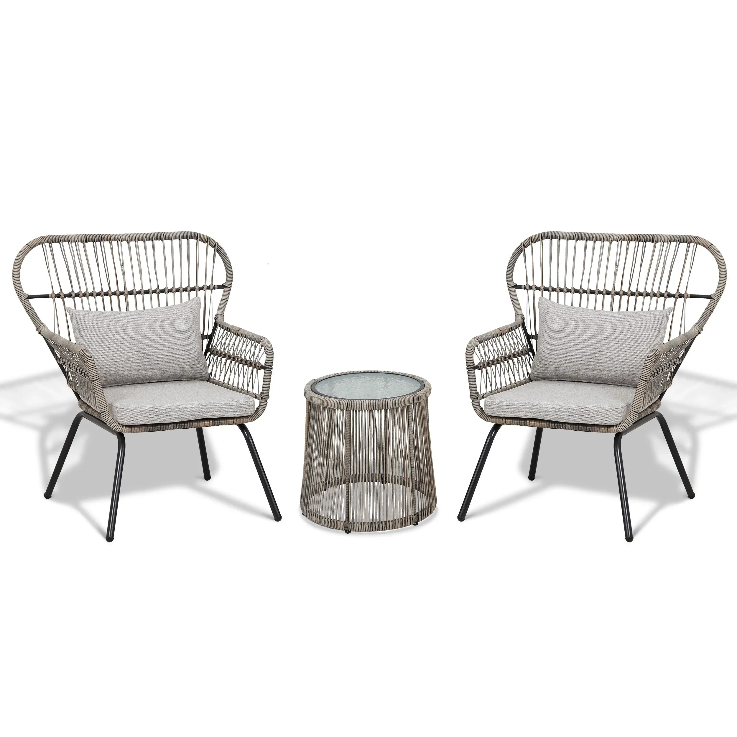 Ensemble bistrot 3 pièces en osier pour conversation, salon de jardin en rotin résistant aux intempéries avec coussins