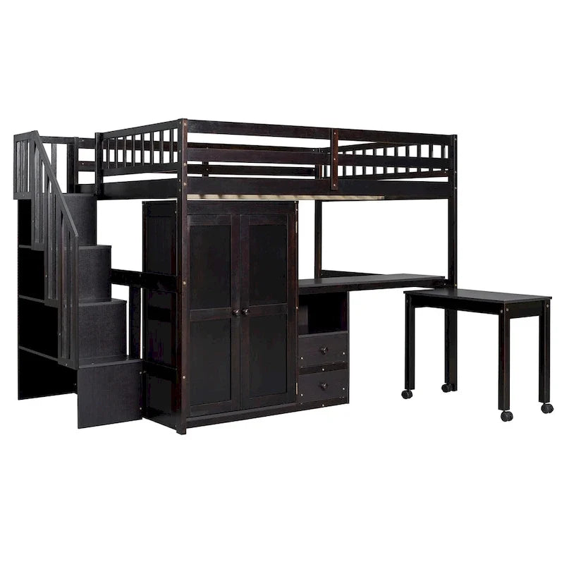 Lit mezzanine double avec escalier, bibliothèque, bureau et armoire – Meuble multifonctionnel et peu encombrant pour enfants et adolescents – Blanc