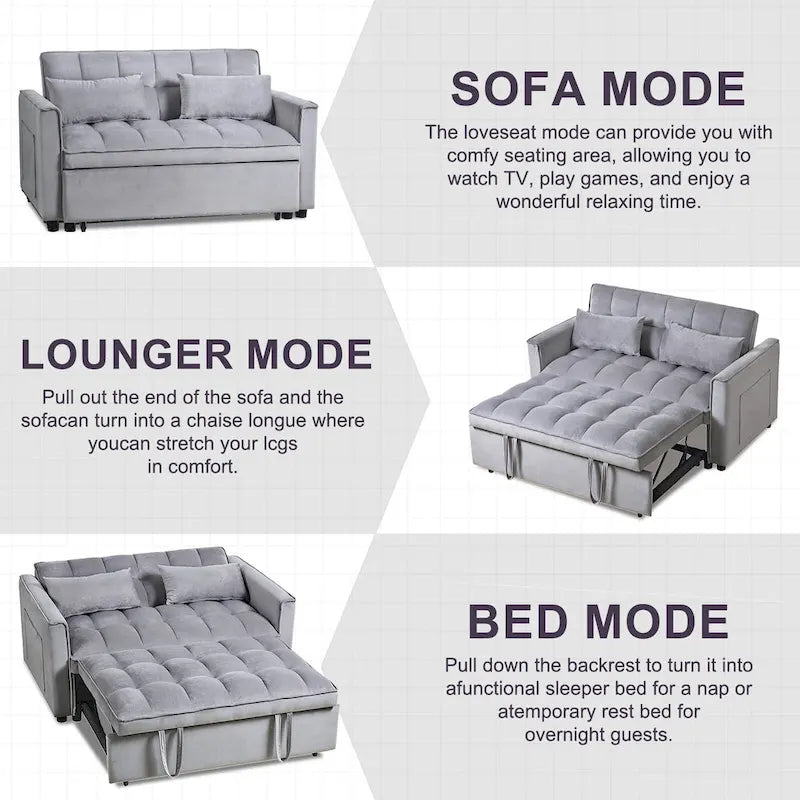 Causeuse futon moderne en velours avec dossier inclinable et poches, 2 places ??Gris foncé / Gris clair / Bleu / Noir