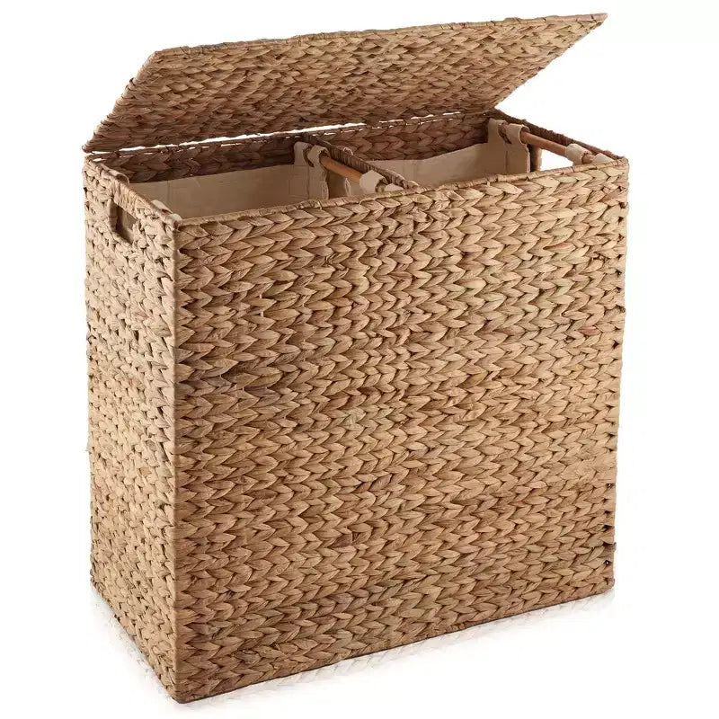 Panier à linge Casafield à 2 sections avec couvercle et sacs de doublure amovibles, trieur de linge tressé en jacinthe d'eau pour vêtements