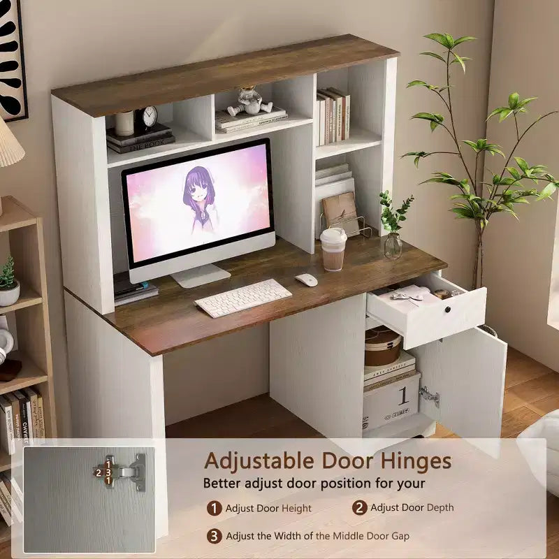 Bureau informatique moderne de 130 cm avec huche et étagère, bureau avec grand rangement, bureau d'écriture pour l'étude, salle de lecture