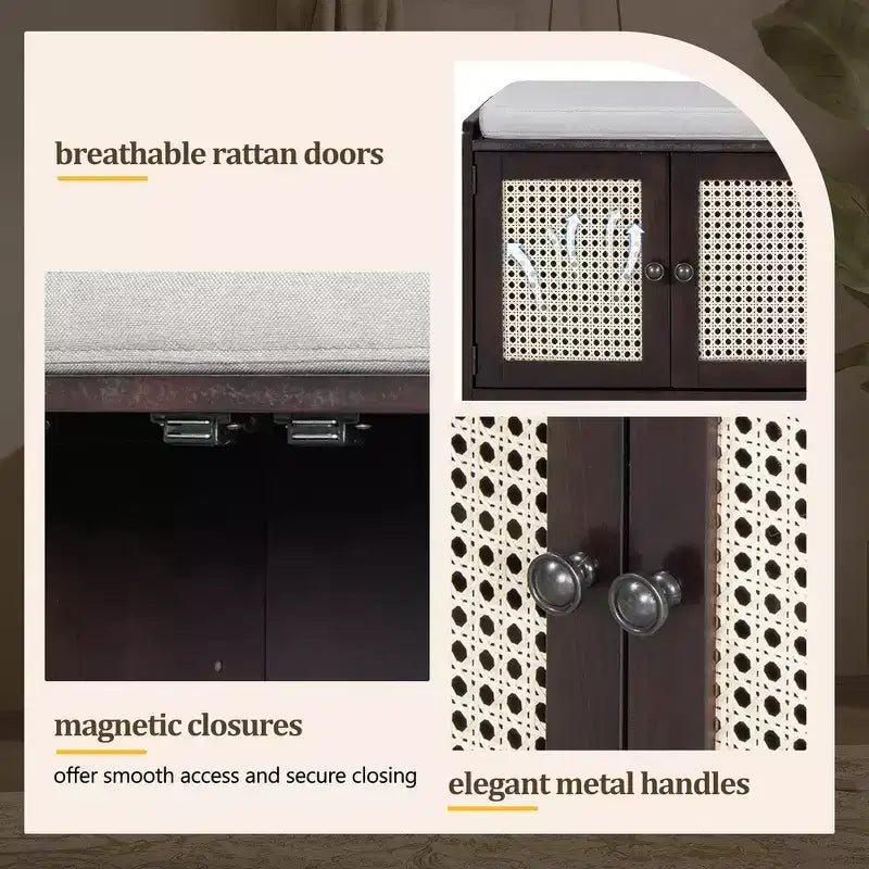 Banc de rangement rustique en bois Whisen, banc à chaussures d'entrée avec coussin amovible, étagères réglables