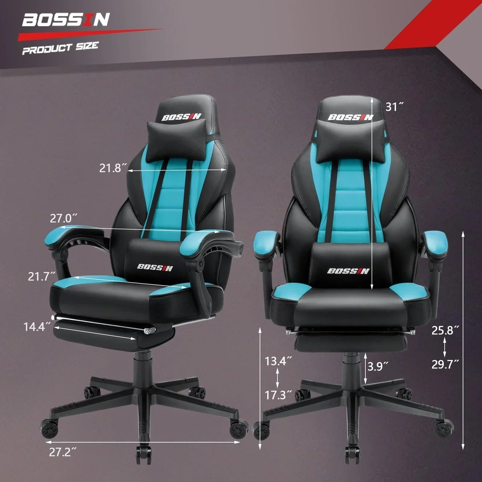 Chaise de jeu style course BOSSIN, fauteuil gamer grande taille 300 lb, chaise d'ordinateur à dossier haut