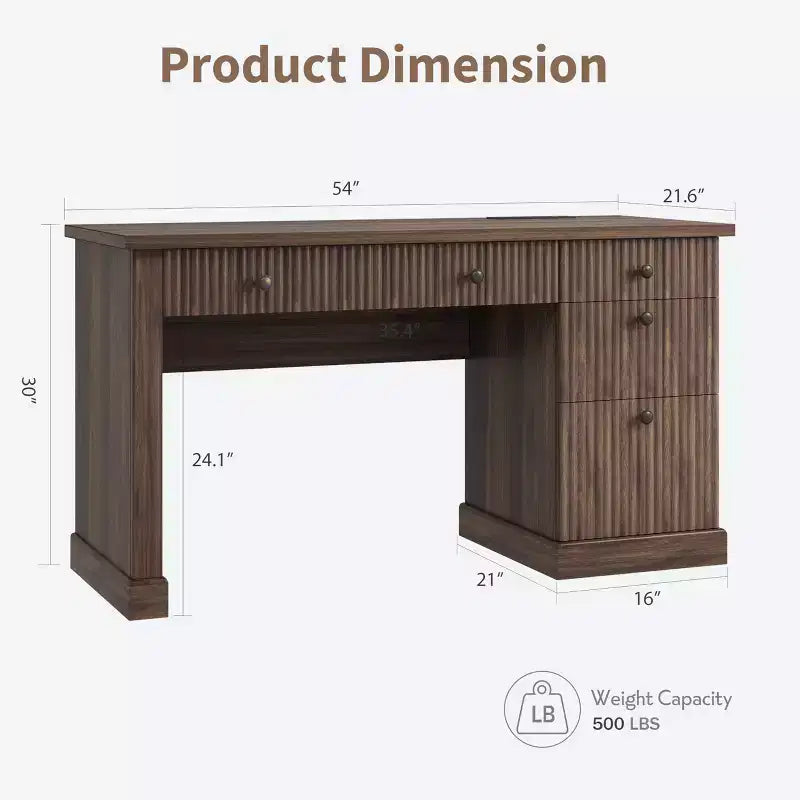 Meuble de rangement de bureau cannelé, bureau de direction moderne de 54 po avec station de recharge, bureau d'ordinateur en bois avec tiroirs classeurs pour bureau d'étude