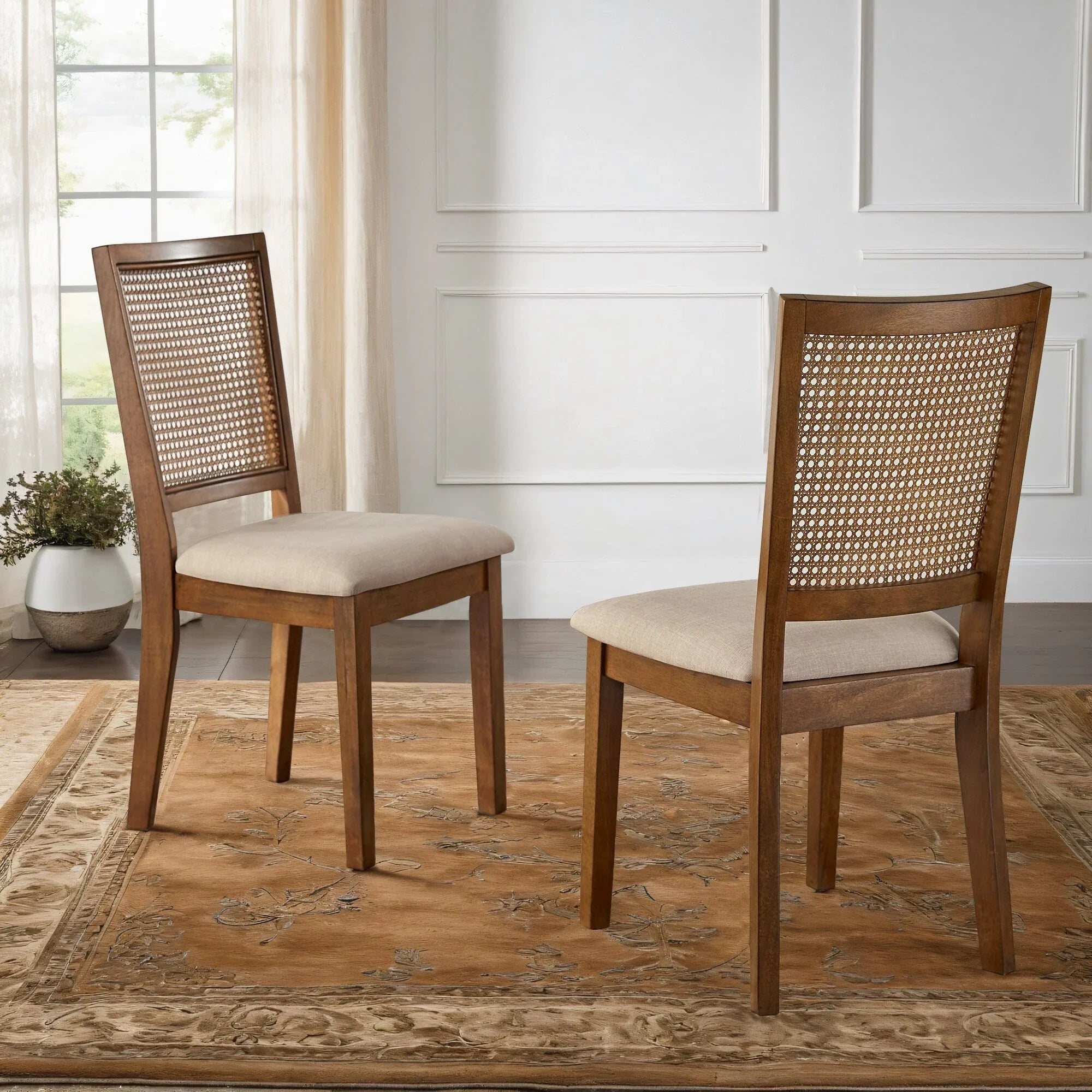 Chaises de salle à manger Ronda en lin beige et dossier en rotin (Lot de 2)