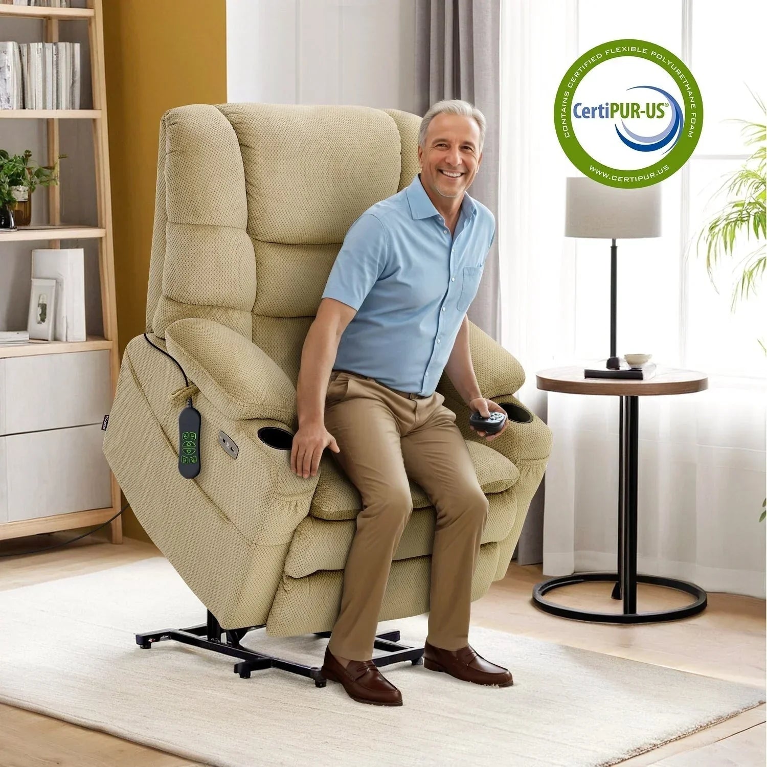 Fauteuil inclinable électrique double moteur grand et large MCombo avec massage et double chauffage pour personnes âgées de grande taille, tissu R7635