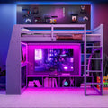 Lit mezzanine gaming Whisen Wood de taille double avec bureau, étagères multi-rangements, LED et une penderie suspendue