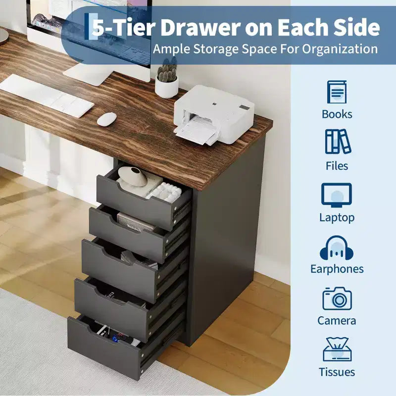Bureau d'ordinateur de 119 cm avec 5 tiroirs de rangement, table d'étude/d'écriture réversible de style rustique moderne, poste de travail de bureau à domicile pour petits espaces