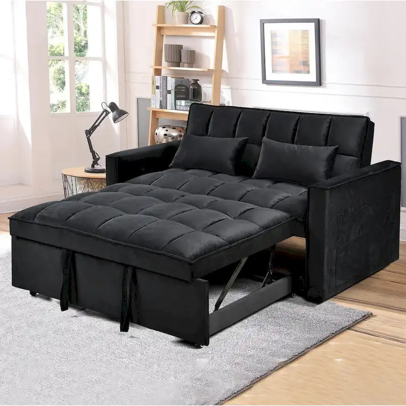 Causeuse futon moderne en velours avec dossier inclinable et poches, 2 places ??Gris foncé / Gris clair / Bleu / Noir