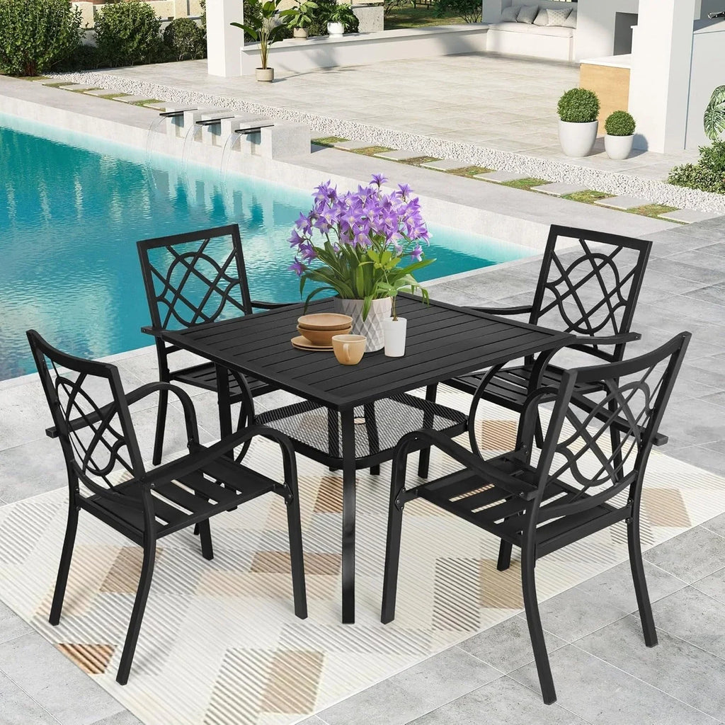 SUNCROWN Salon de jardin 5/7 pièces en acier avec table à lattes métalliques et chaises empilables Structure thermolaquée