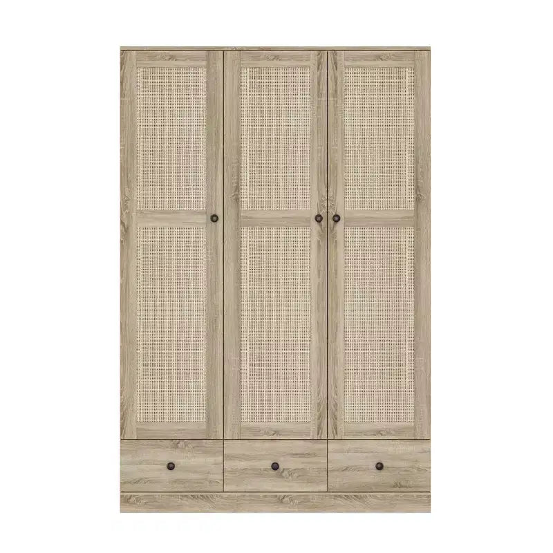 Armoire en rotin Famapy à 3 tiroirs, placard à 3 portes en rotin respirant, armoire de rangement haute de style ferme pour chambre à coucher