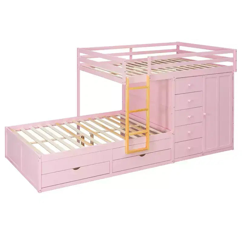 Lit superposé double sur double avec armoire de rangement et tiroirs, lit superposé double en bois peu encombrant avec garde-corps pour appartement, chambre à coucher