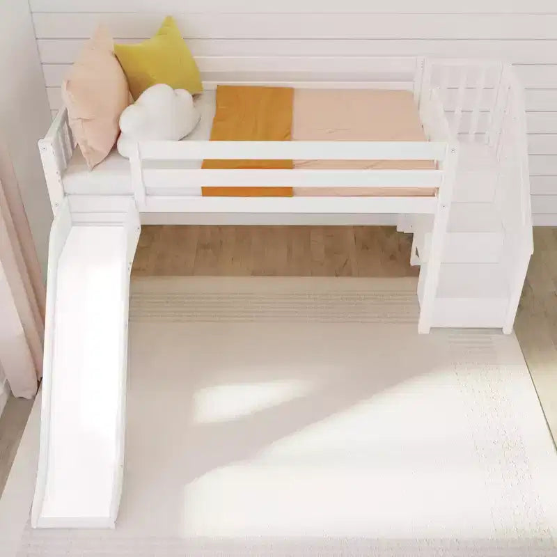 Lit bas mezzanine simple pour enfants avec toboggan et escalier, bois massif, 14 barrières de sécurité, capacité de 180 kg