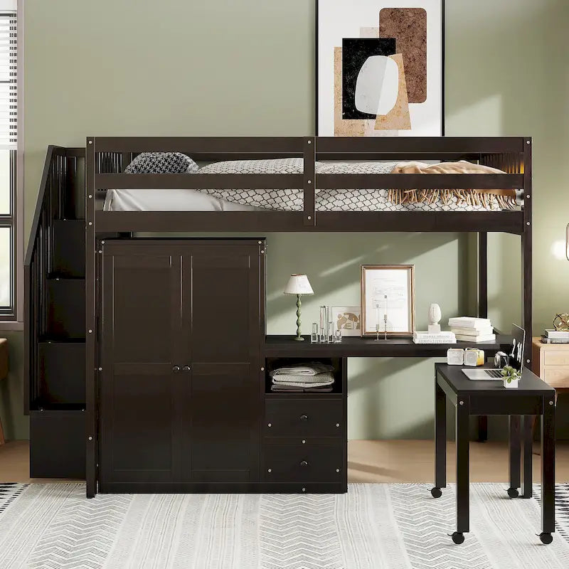 Lit mezzanine double avec escalier, bibliothèque, bureau et armoire – Meuble multifonctionnel et peu encombrant pour enfants et adolescents – Blanc