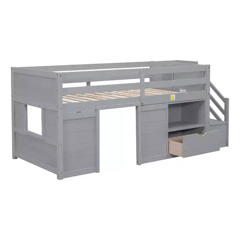 Lit mezzanine jumeau Okak en bois massif avec escalier et rangement, lits superposés jumeaux à profil bas avec tiroirs et étagères, lits mezzanine multifonctionnels pour enfants et adolescents