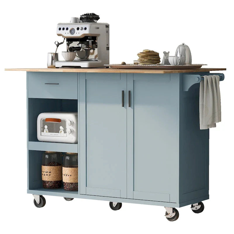 Îlot de cuisine avec plan de travail pliable, desserte de rangement de cuisine avec étagère coulissante, porte-serviettes et tiroir, roulettes.