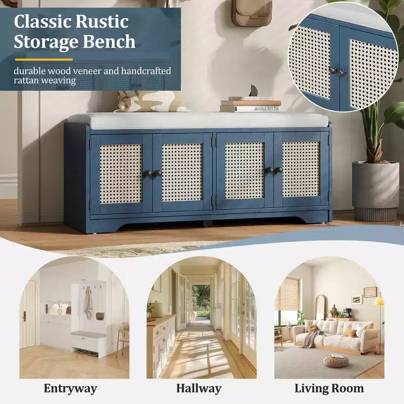Banc de rangement rustique en bois Whisen, banc à chaussures d'entrée avec coussin amovible, étagères réglables