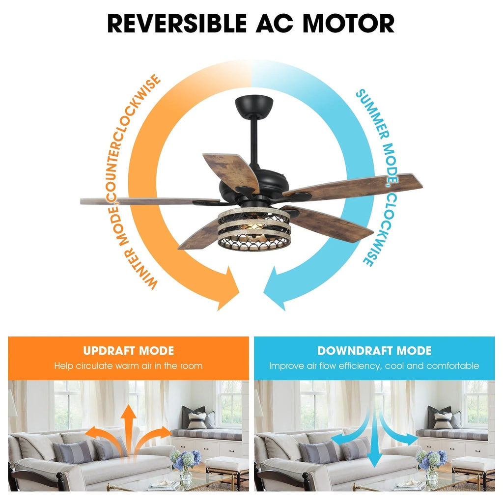 Ventilateur de plafond 52" Farmhouse Driftwood avec 5 pales, cage noire et télécommande