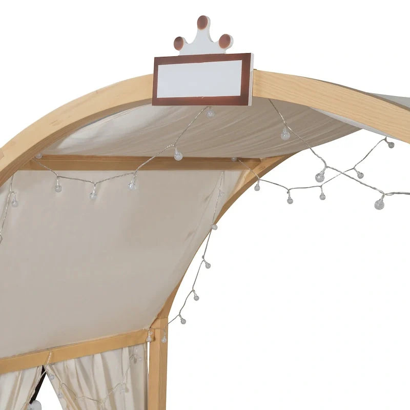 Lit cabane Montessori en bois massif avec plateforme, toit voûté et lit gigogne pour filles et garçons