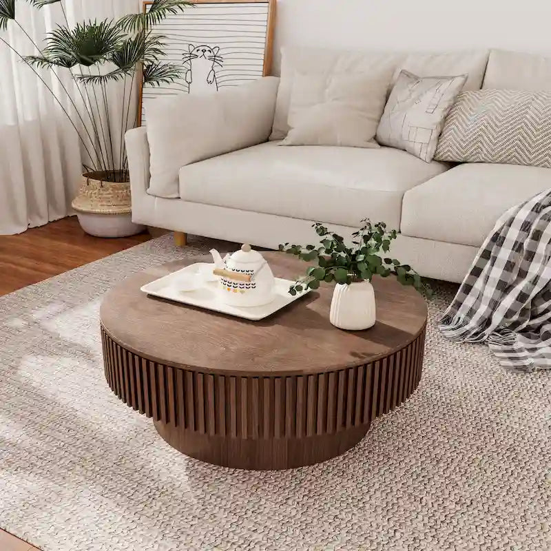Table basse/de salon ronde moderne plaquée en bois massif avec rangement