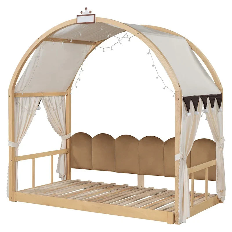 Lit cabane Montessori en bois massif avec plateforme, toit voûté et lit gigogne pour filles et garçons
