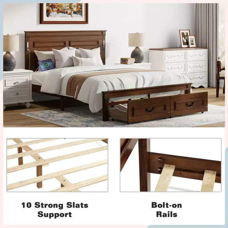 ModernLuxe Lit plateforme Queen/King Size avec tête de lit haute, cadre de lit rustique en bois avec 2 tiroirs, lumières LED et ports USB