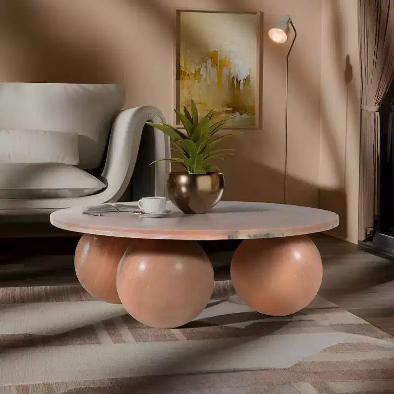 Table basse ronde en marbre avec pieds sphériques, multicolore, 4-6 places