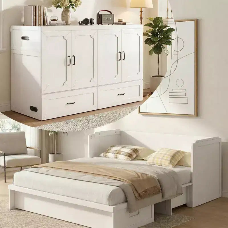 Lit escamotable convertible Queen Size Mjkone avec matelas, chargement USB, tiroirs de rangement