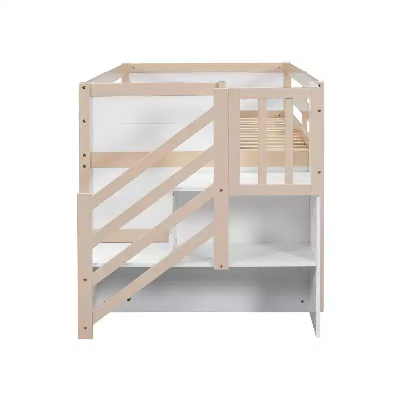 Lit mezzanine jumeau Okak en bois massif avec escalier et rangement, lits superposés jumeaux à profil bas avec tiroirs et étagères, lits mezzanine multifonctionnels pour enfants et adolescents