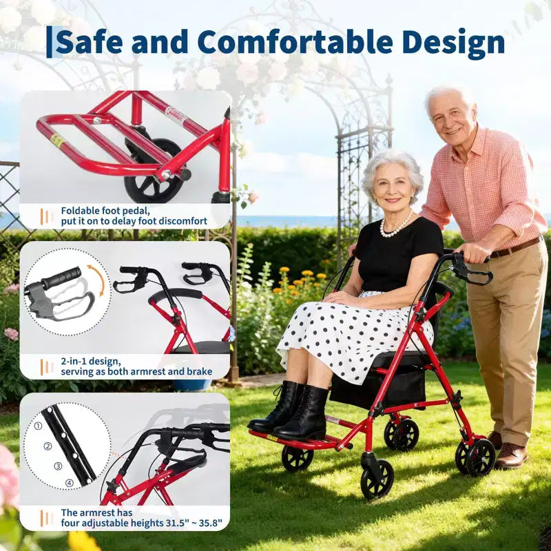 Fauteuil roulant pliable portable pour adultes, capacité de 135 kg, 6 roues, hauteur réglable, rangement sous le siège, siège et repose-pieds confortables