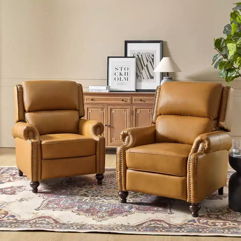 Ensemble de 2 fauteuils inclinables modernes en cuir véritable Elisabete avec garniture cloutée vintage pour salon et chambre à coucher | ART OF LIVING DESIGNS